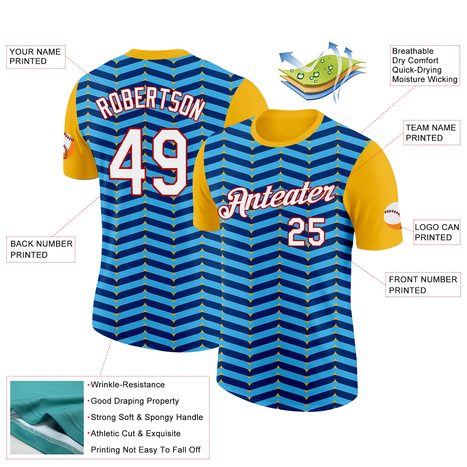 Custom Gold Sky Blue US Navy Blue-Red 3D Esports Performance T-Shirt