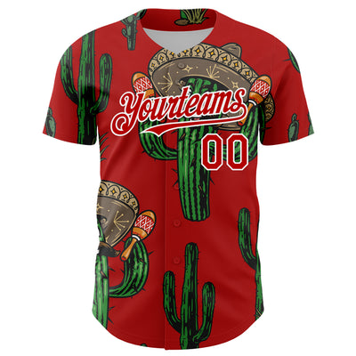 Custom Red White 3D Mexican Cactus Authentic Baseball Jersey