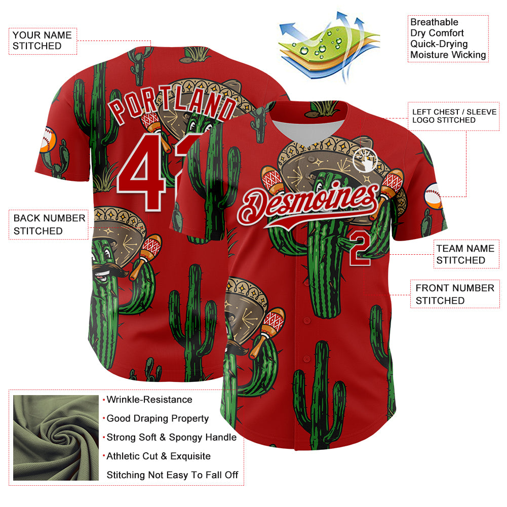 Custom Red White 3D Mexican Cactus Authentic Baseball Jersey