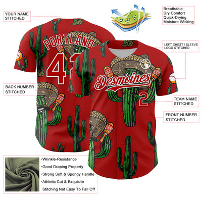 Custom Red White 3D Mexican Cactus Authentic Baseball Jersey