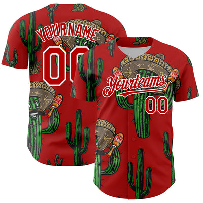 Custom Red White 3D Mexican Cactus Authentic Baseball Jersey