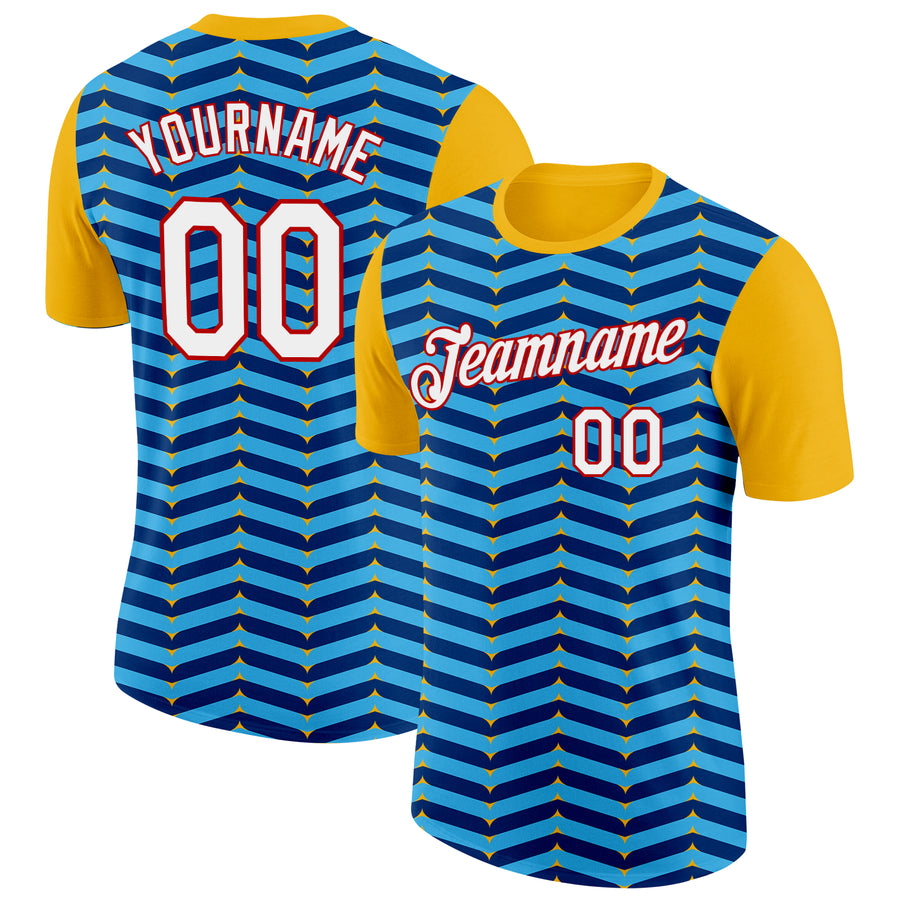 Custom Gold Sky Blue US Navy Blue-Red 3D Esports Performance T-Shirt