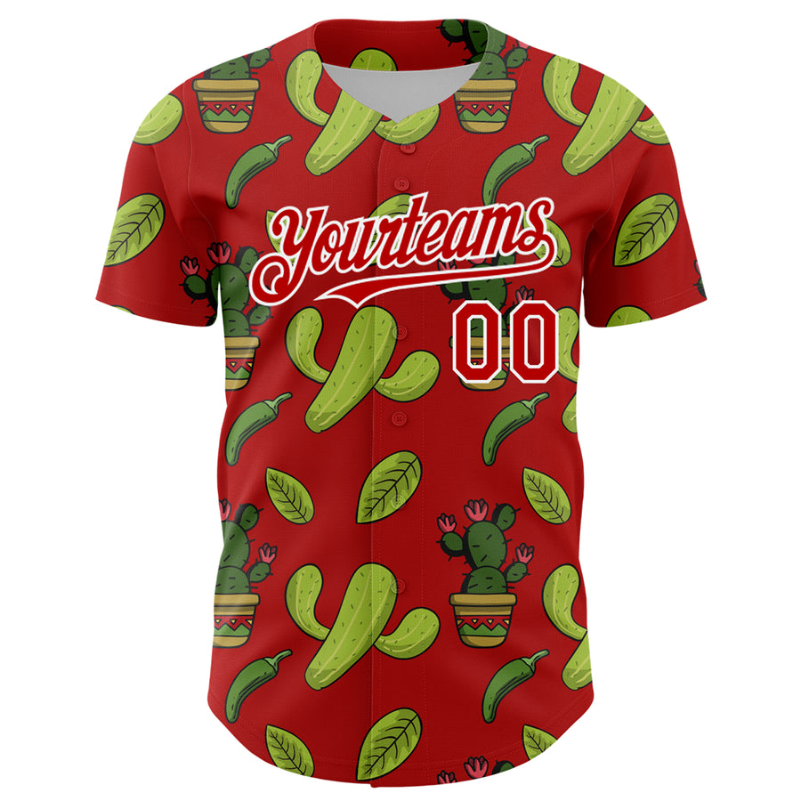 Custom Red White 3D Mexican Cactus Authentic Baseball Jersey