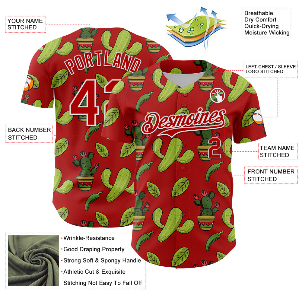 Custom Red White 3D Mexican Cactus Authentic Baseball Jersey