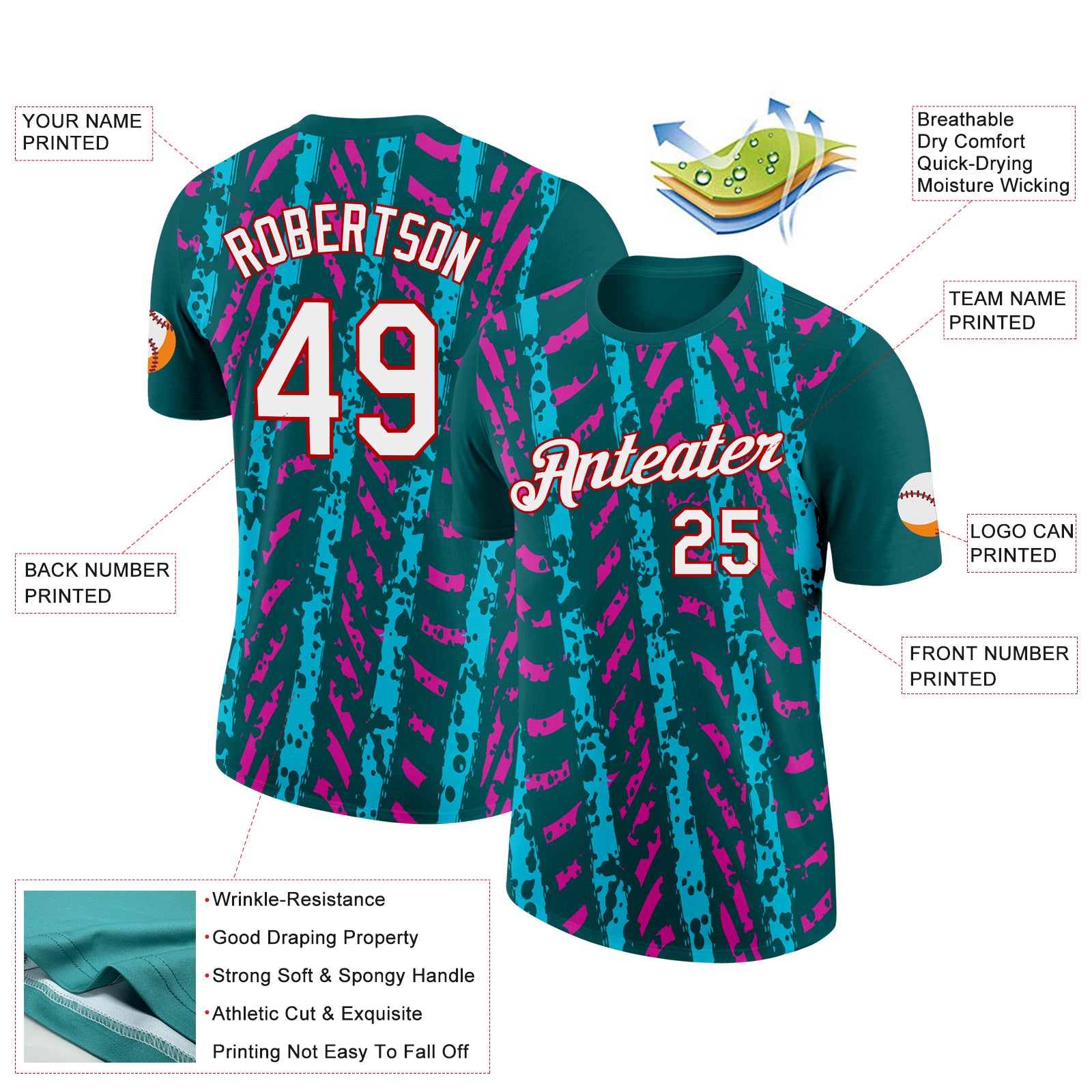 Custom Midnight Green Lakes Blue Deep Pink-Red 3D Esports Performance T-Shirt