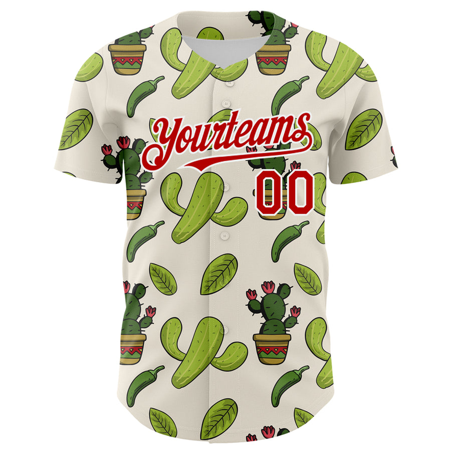 Custom Cream Red-White 3D Mexican Cactus Authentic Baseball Jersey