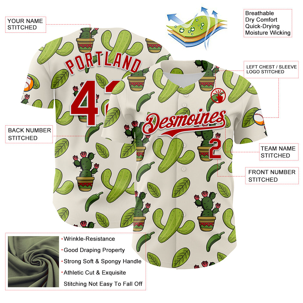 Custom Cream Red-White 3D Mexican Cactus Authentic Baseball Jersey