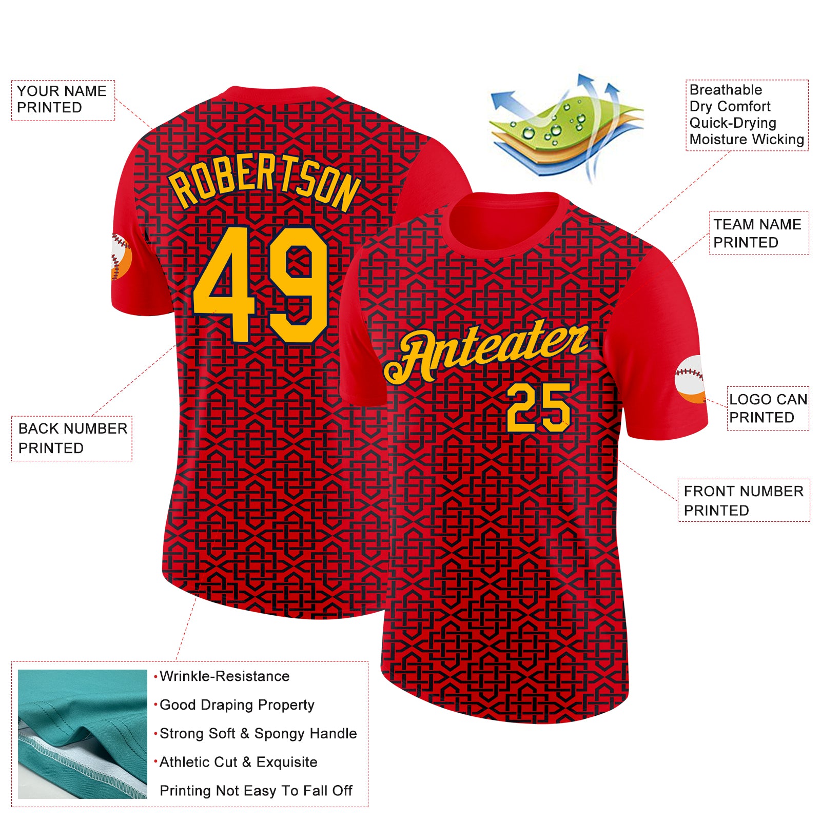 Custom Fire Red Gold Black-Navy 3D Esports Performance T-Shirt