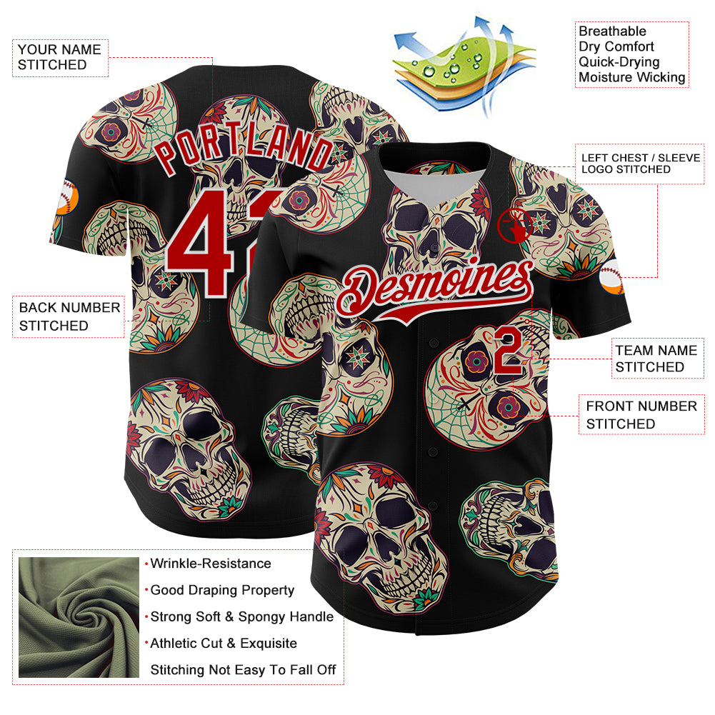 Custom Black Red-White 3D Mexican Skull Authentic Baseball Jersey