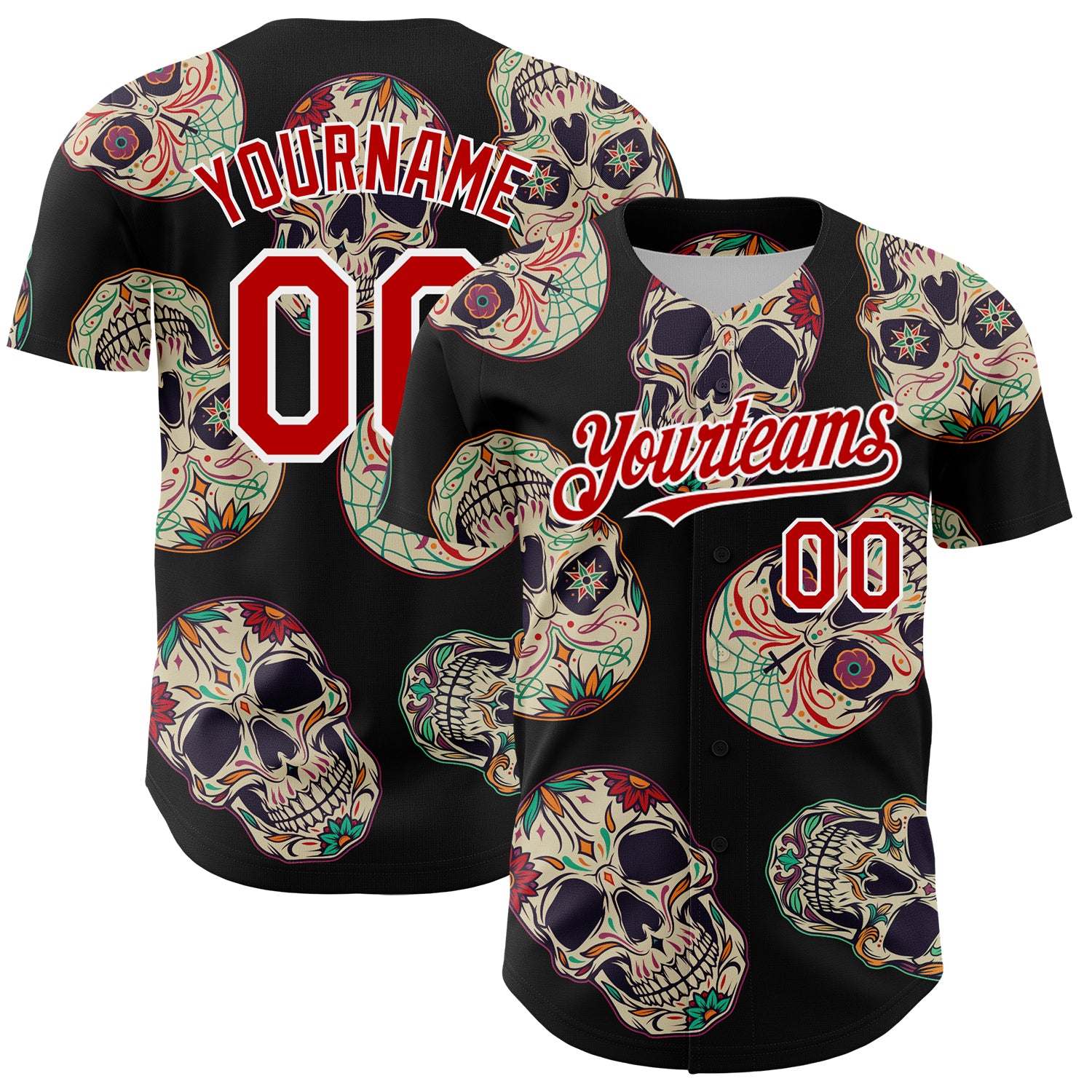 Custom Black Red-White 3D Mexican Skull Authentic Baseball Jersey