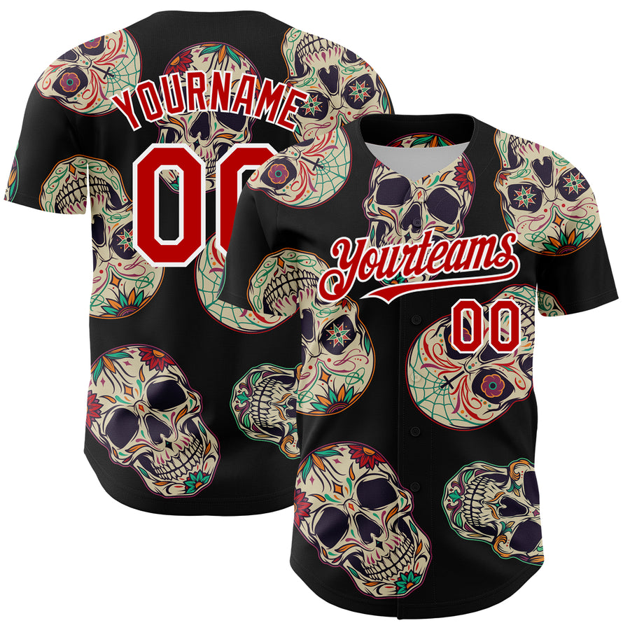 Custom Black Red-White 3D Mexican Skull Authentic Baseball Jersey