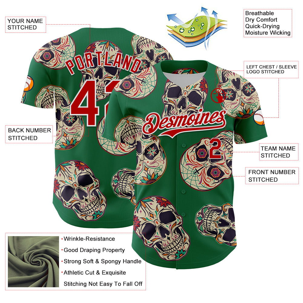 Custom Kelly Green Red-White 3D Mexican Skull Authentic Baseball Jersey
