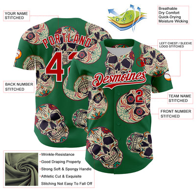 Custom Kelly Green Red-White 3D Mexican Skull Authentic Baseball Jersey