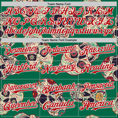Custom Kelly Green Red-White 3D Mexican Skull Authentic Baseball Jersey