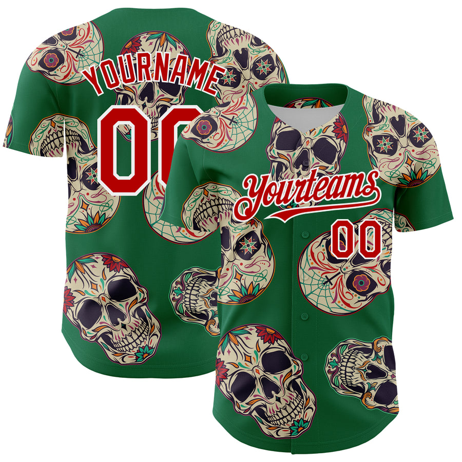 Custom Kelly Green Red-White 3D Mexican Skull Authentic Baseball Jersey