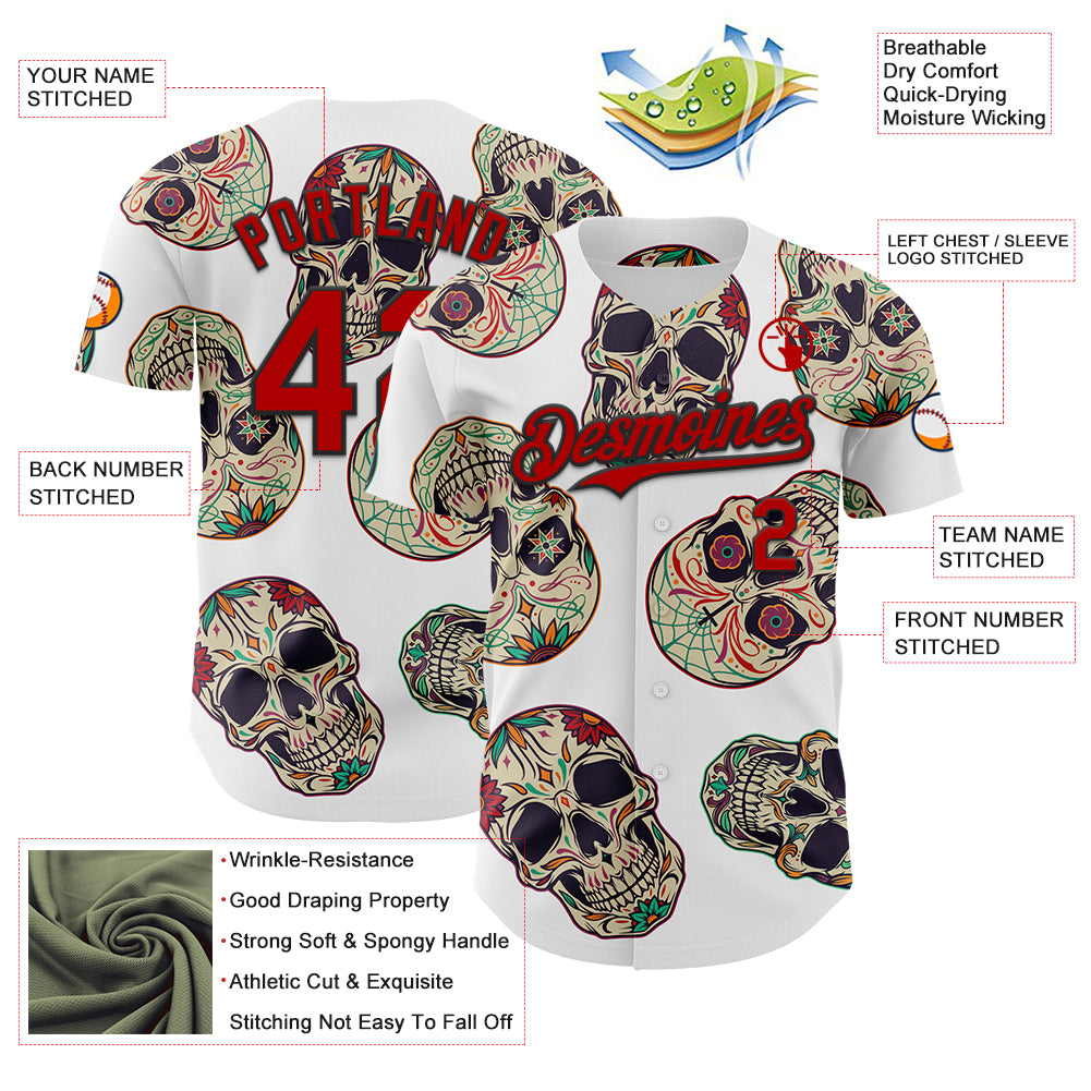 Custom White Red-Black 3D Mexican Skull Authentic Baseball Jersey