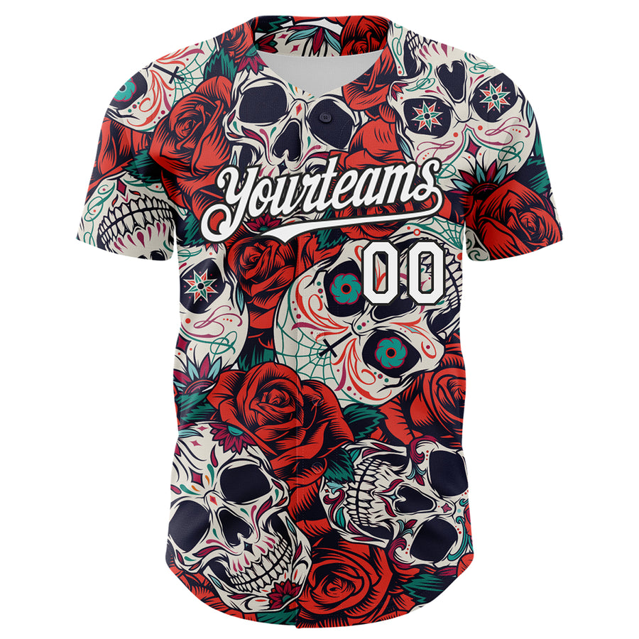 Custom White Black 3D Mexican Skull And Flower Authentic Baseball Jersey
