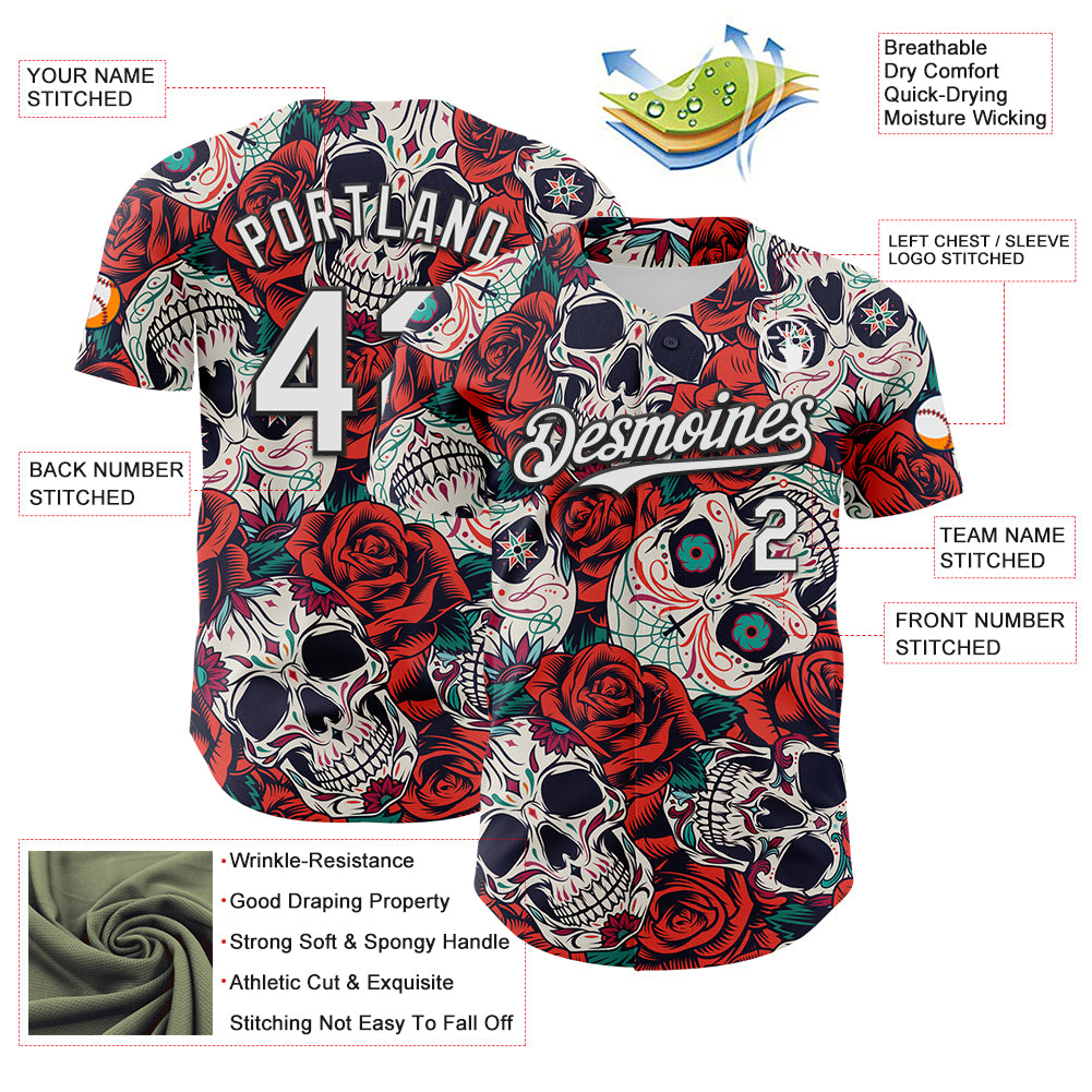 Custom White Black 3D Mexican Skull And Flower Authentic Baseball Jersey