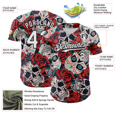 Custom White Black 3D Mexican Skull And Flower Authentic Baseball Jersey