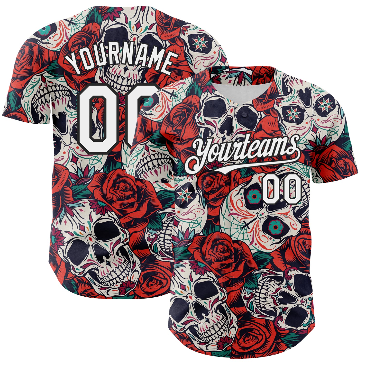 Custom White Black 3D Mexican Skull And Flower Authentic Baseball Jersey