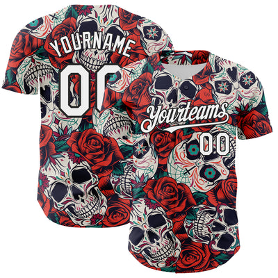 Custom White Black 3D Mexican Skull And Flower Authentic Baseball Jersey