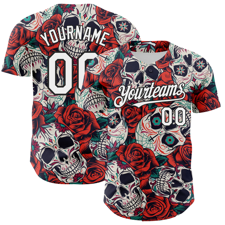Custom White Black 3D Mexican Skull And Flower Authentic Baseball Jersey