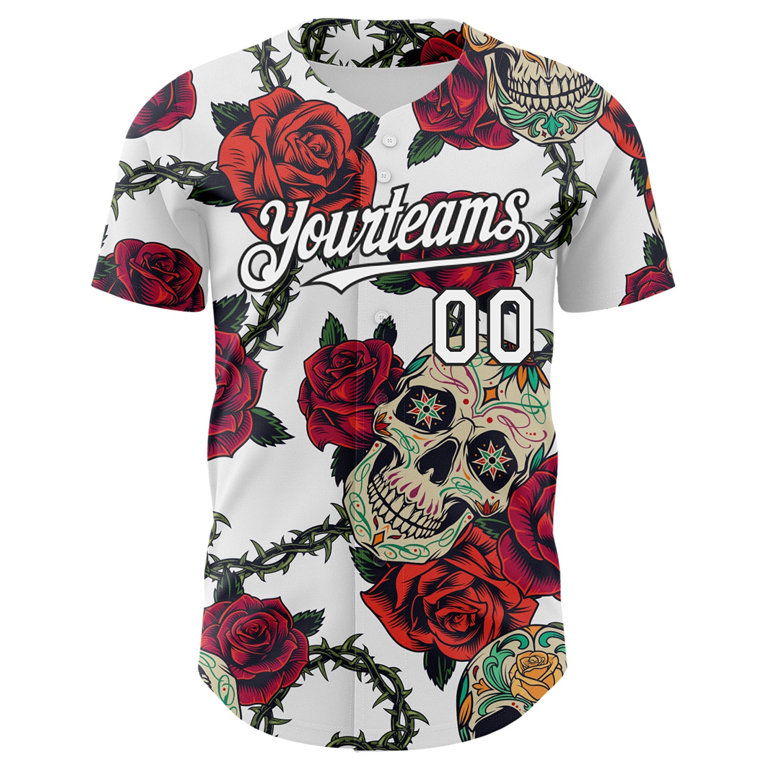 Custom White Black 3D Mexican Skull And Flower Authentic Baseball Jersey