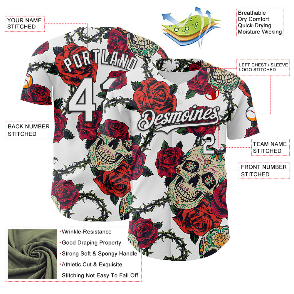 Custom White Black 3D Mexican Skull And Flower Authentic Baseball Jersey