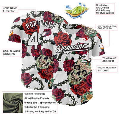 Custom White Black 3D Mexican Skull And Flower Authentic Baseball Jersey