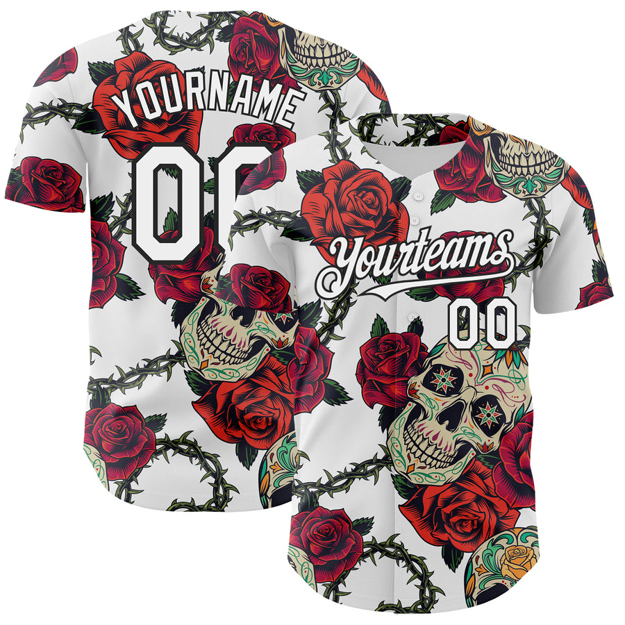 Custom White Black 3D Mexican Skull And Flower Authentic Baseball Jersey
