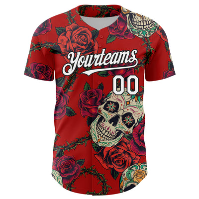 Custom Red White-Black 3D Mexican Skull And Flower Authentic Baseball Jersey