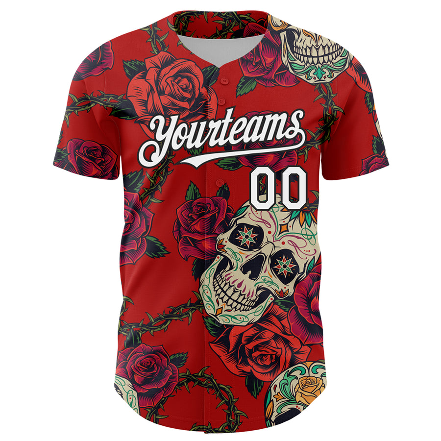 Custom Red White-Black 3D Mexican Skull And Flower Authentic Baseball Jersey
