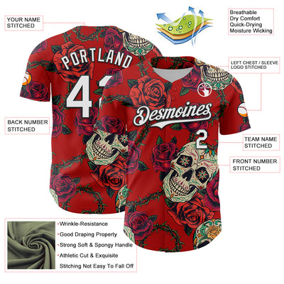 Custom Red White-Black 3D Mexican Skull And Flower Authentic Baseball Jersey