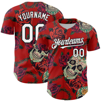 Custom Red White-Black 3D Mexican Skull And Flower Authentic Baseball Jersey