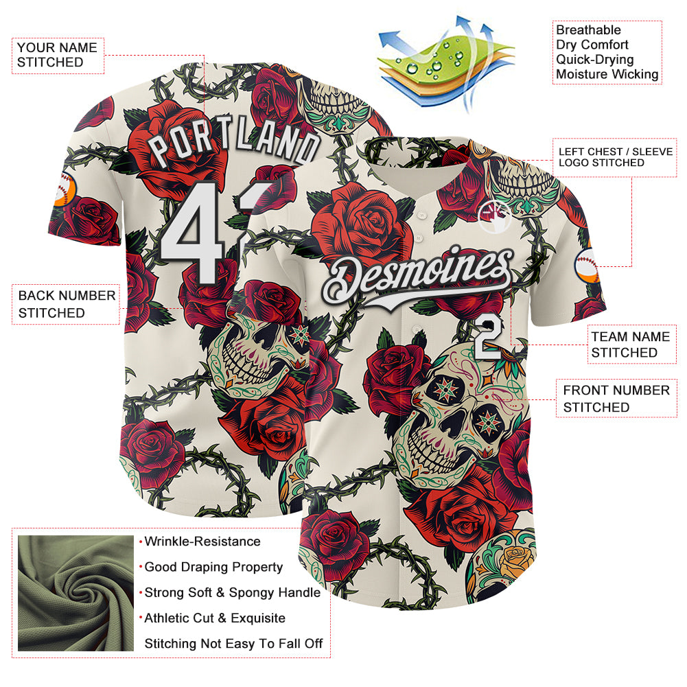 Custom Cream White-Black 3D Mexican Skull And Flower Authentic Baseball Jersey