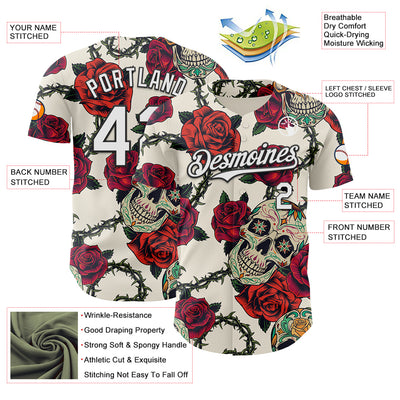 Custom Cream White-Black 3D Mexican Skull And Flower Authentic Baseball Jersey