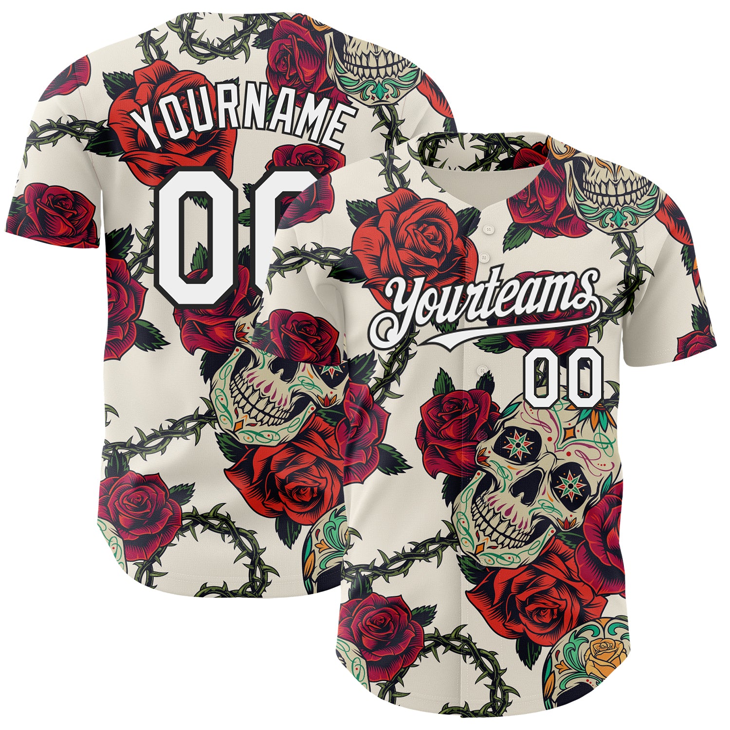 Custom Cream White-Black 3D Mexican Skull And Flower Authentic Baseball Jersey