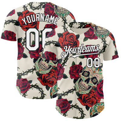 Custom Cream White-Black 3D Mexican Skull And Flower Authentic Baseball Jersey