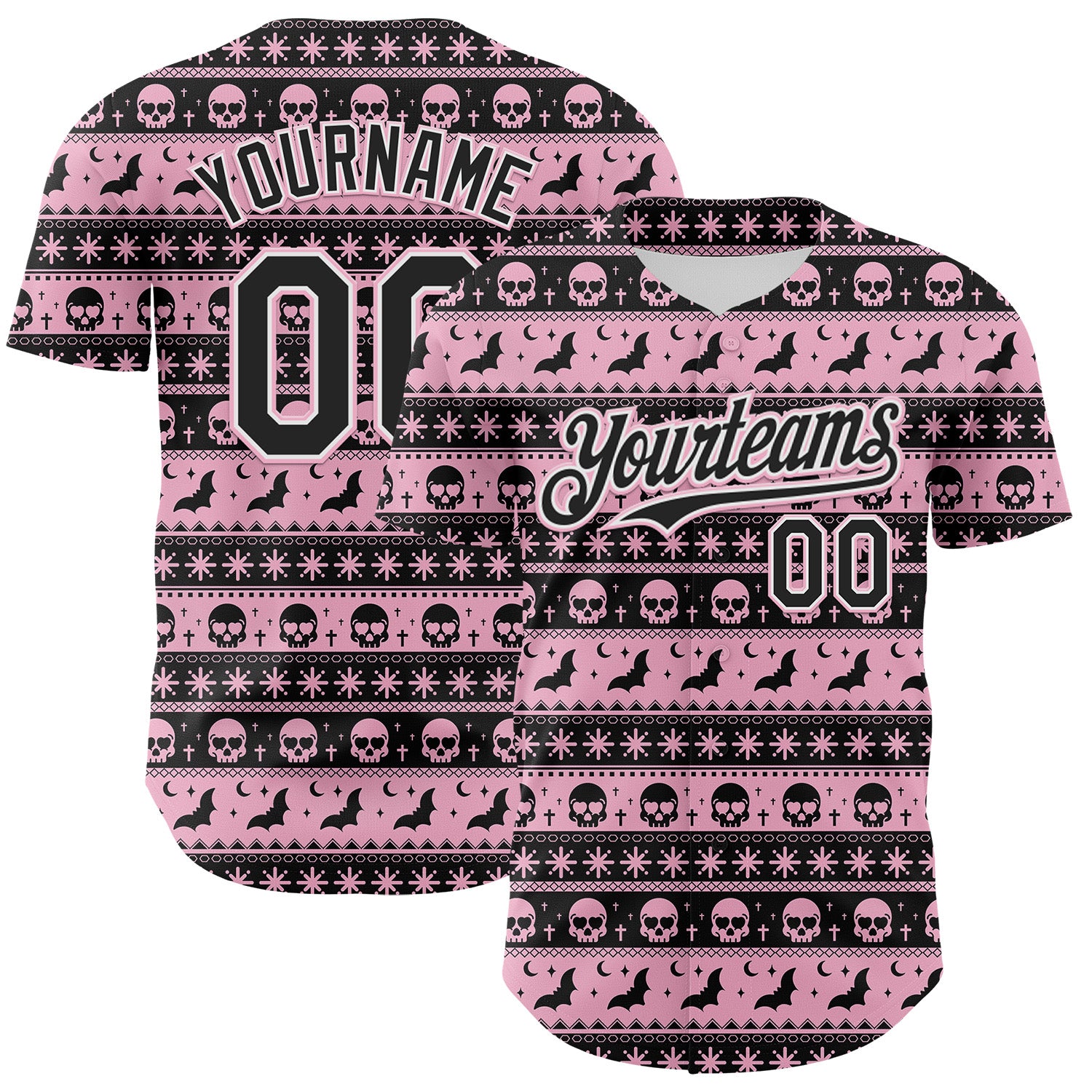 Custom Black Light Pink-White 3D Gothic Skull Authentic Baseball Jersey