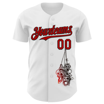 Custom White Red-Black 3D Skull Authentic Baseball Jersey