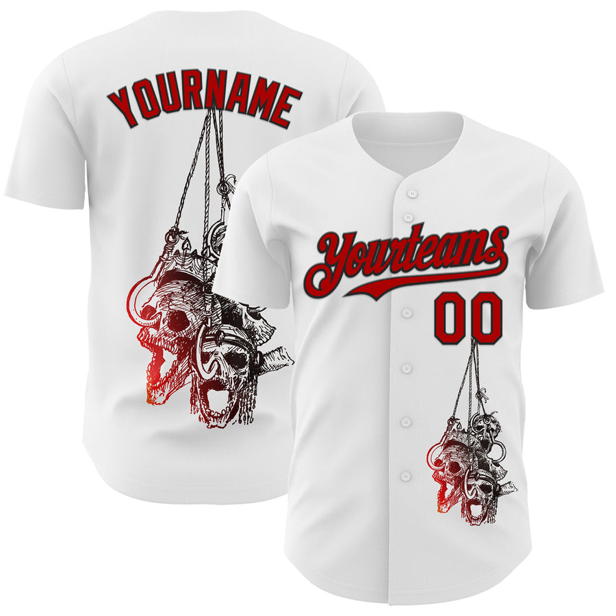 Custom White Red-Black 3D Skull Authentic Baseball Jersey