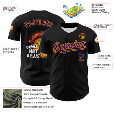 Custom Black Dark Purple-Bay Orange 3D Punk Rock Skull Authentic Baseball Jersey