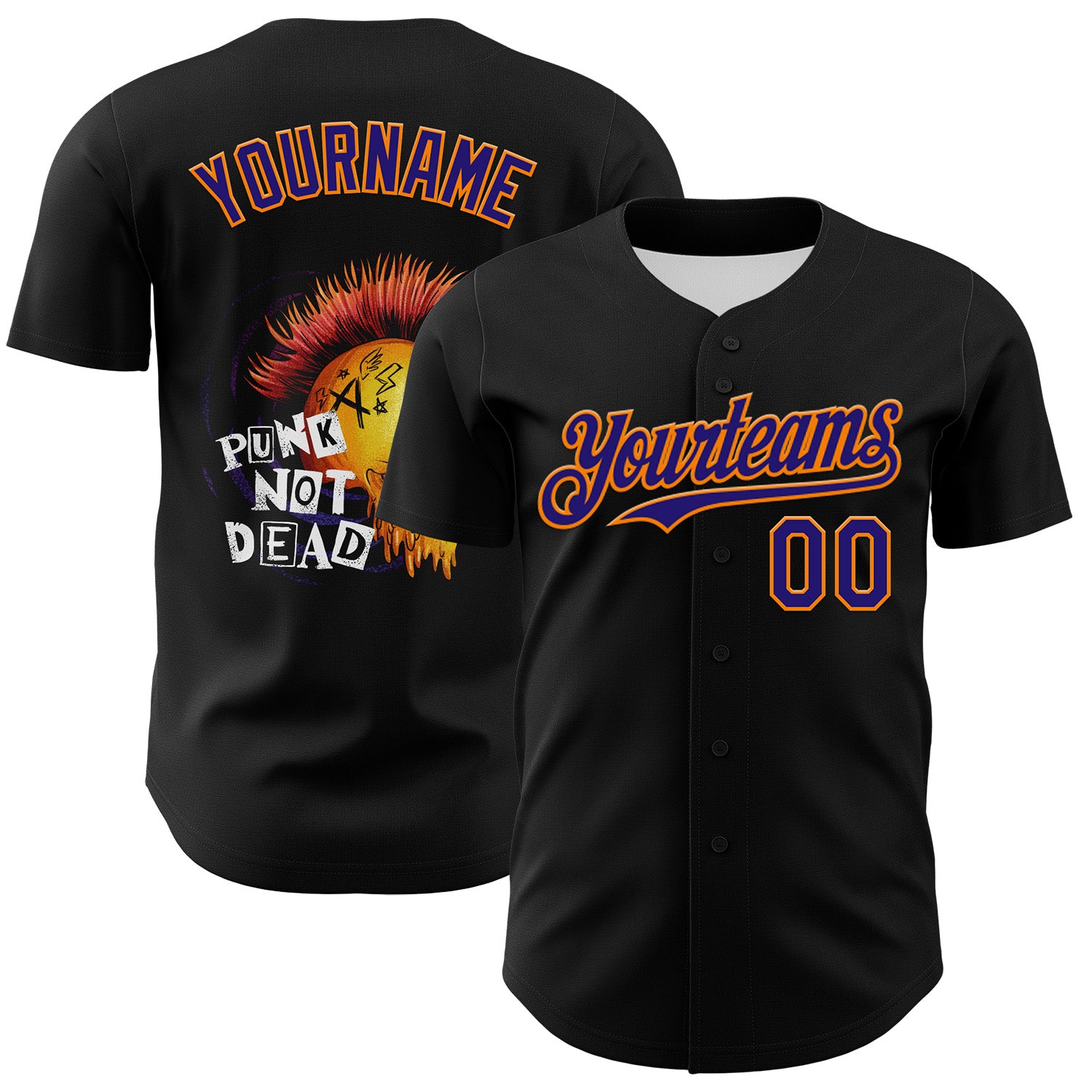 Custom Black Dark Purple-Bay Orange 3D Punk Rock Skull Authentic Baseball Jersey