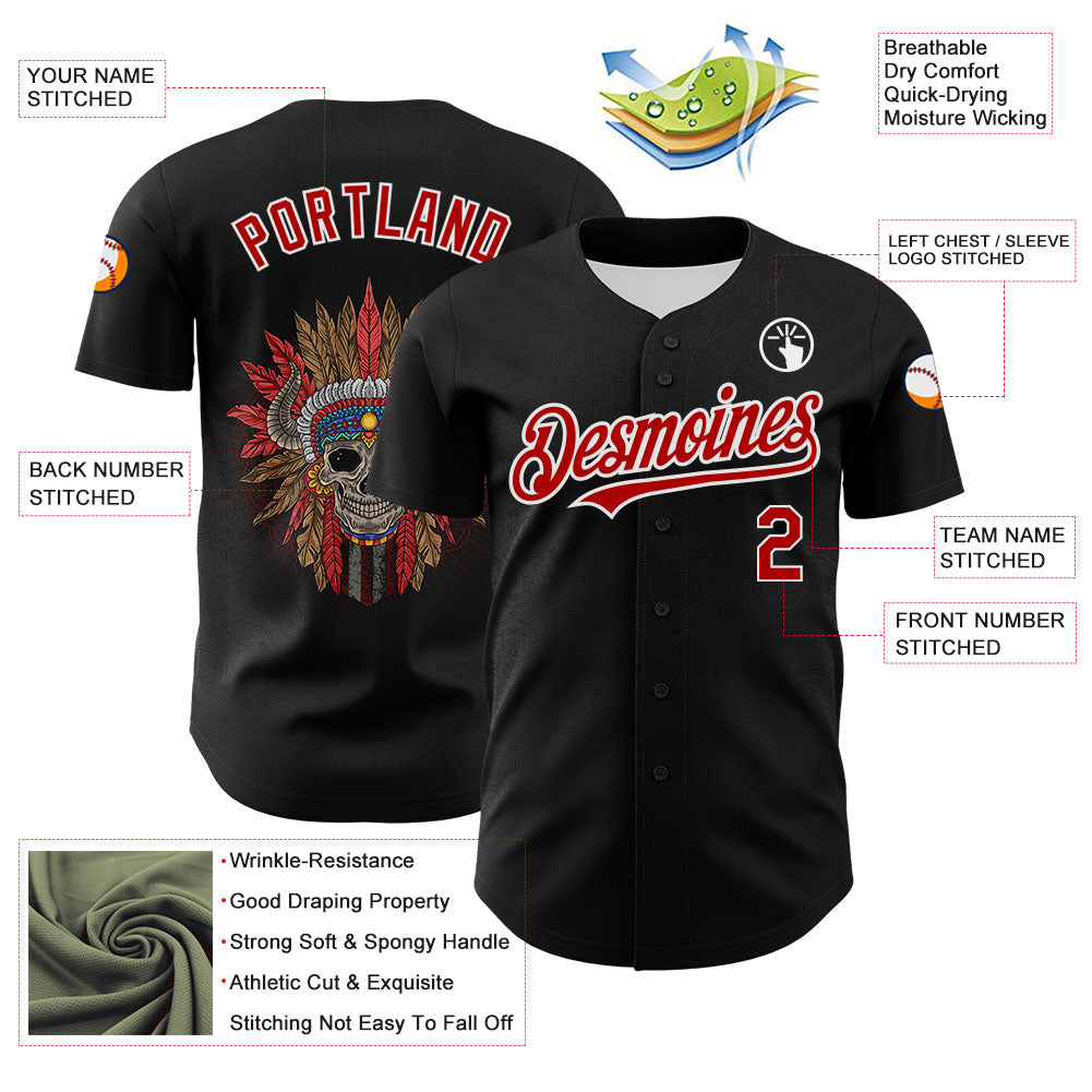 Custom Black Red-White 3D Apache Skull Authentic Baseball Jersey