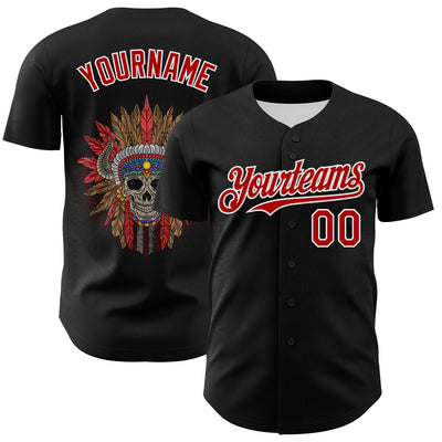 Custom Black Red-White 3D Apache Skull Authentic Baseball Jersey