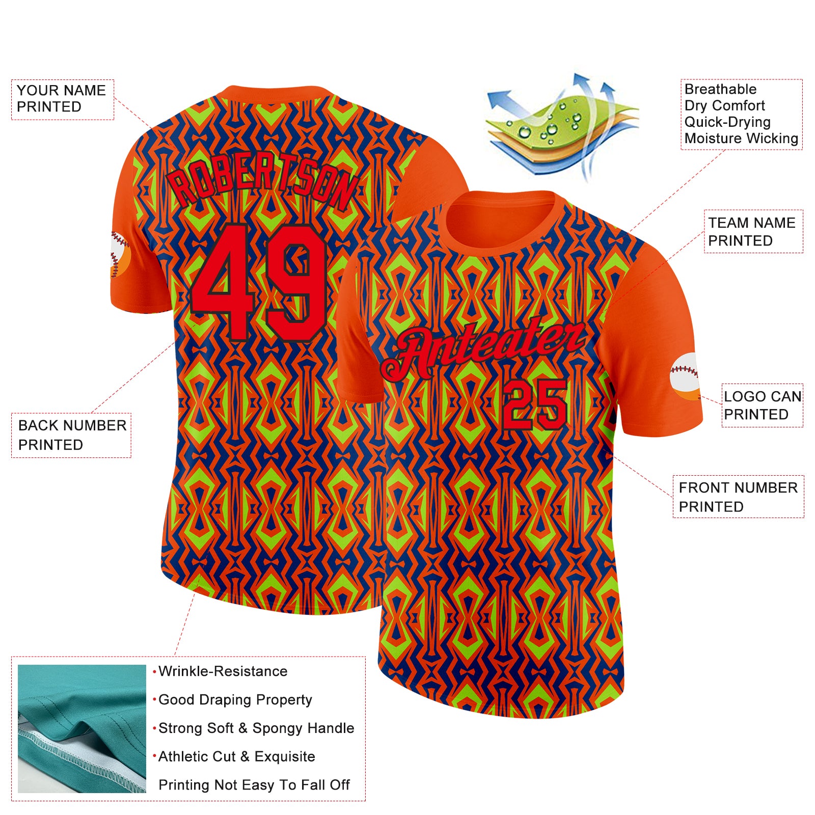 Custom Orange Fire Red US Navy Blue Aurora Green-Black 3D Esports Performance T-Shirt