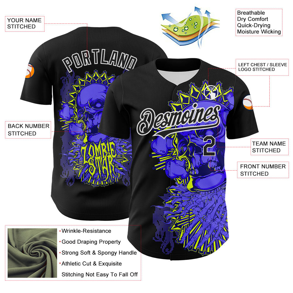 Custom Black White 3D Zombie Skull Authentic Baseball Jersey