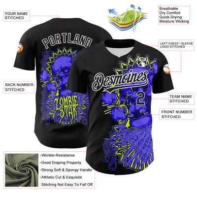 Custom Black White 3D Zombie Skull Authentic Baseball Jersey