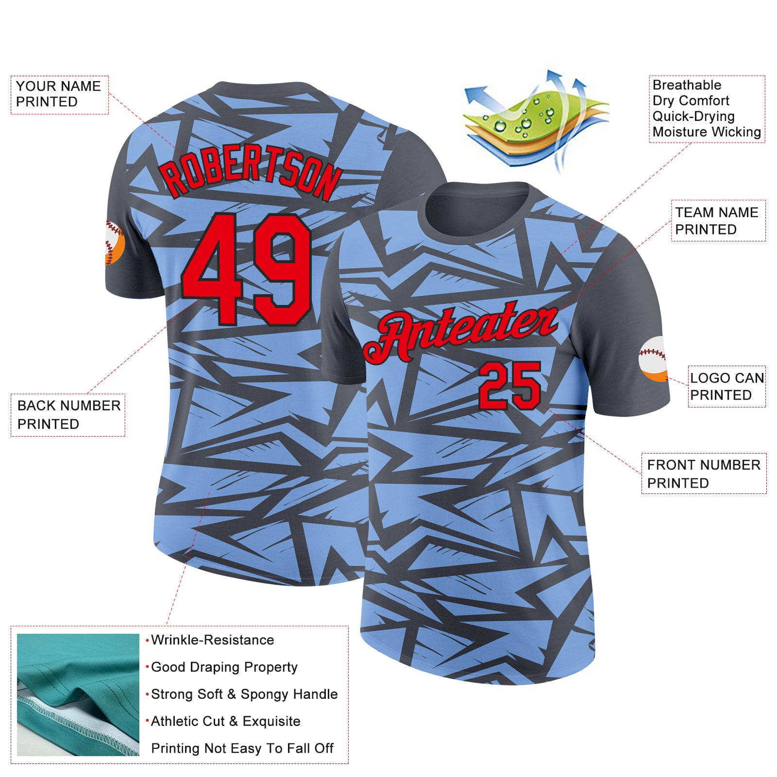 Custom Steel Gray Fire Red Light Blue-Black 3D Esports Performance T-Shirt