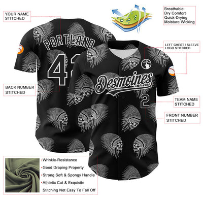 Custom Black White 3D Apache Skull Authentic Baseball Jersey